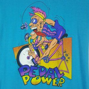 Vtg 80s Pedal Power Cyclist T-Shirt L Blue Single